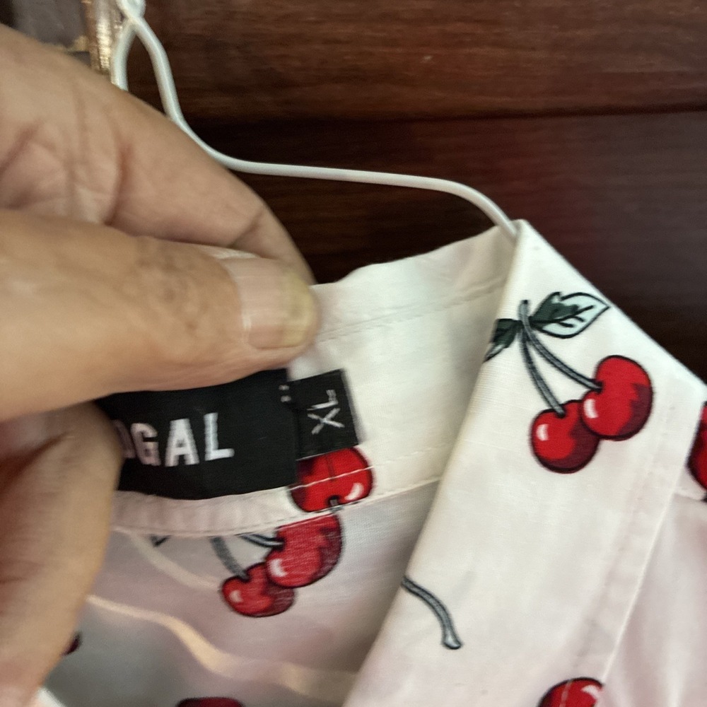 Jogal Men's Short Sleeve Button Up Cherry Print Collard White Shirt Size: XL - Picture 4 of 10